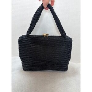 VTG Lumured Corde Bead Handbag Womens Caviar Kiss Lock Evening Bag Navy Blue
